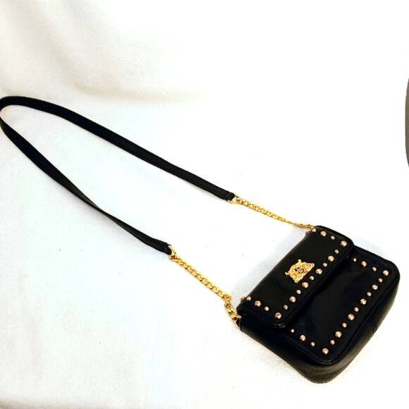 Y2K Juicy Couture Crossbody Shoulder Bag Black Leather Gold Studs Chain Rare VNT - Picture 9 of 16